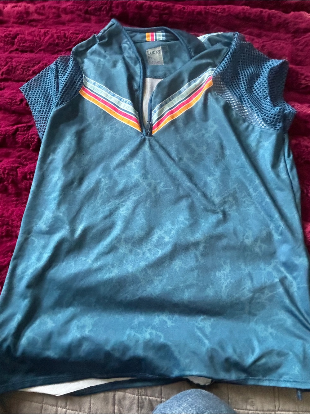 Lucky in love Brand women’s ' Teal Short Sleeve Top with Rainbow Trim